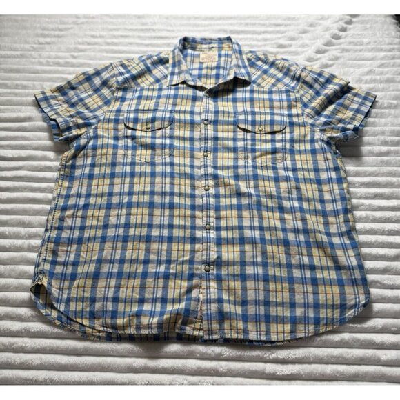 VTG Lucky Brand Genuine Western Snap Up Shirt Men's Size XXL SS Blue Plaid - Picture 1 of 14
